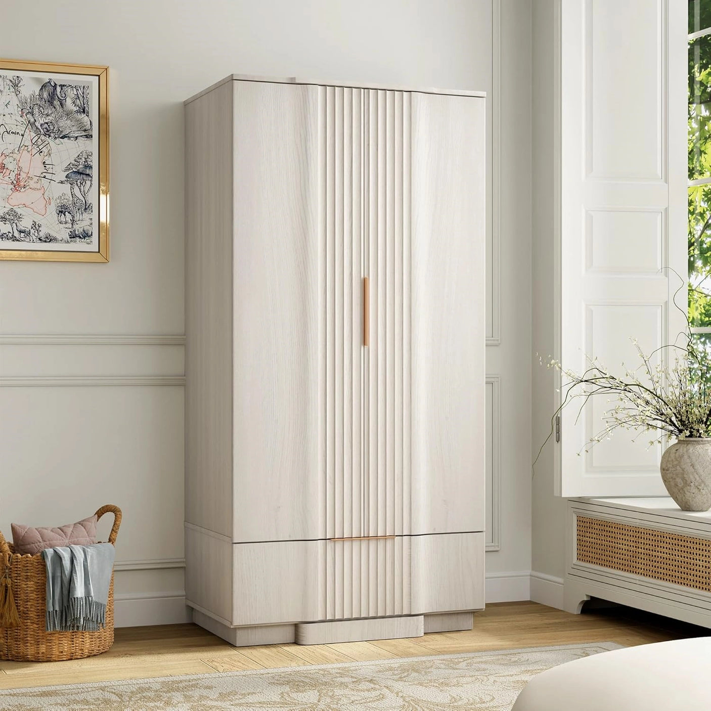 Yechen 67" Fluted White Armoire Wardrobe with Doors & Drawer - Natural Wood Closet Cabinet