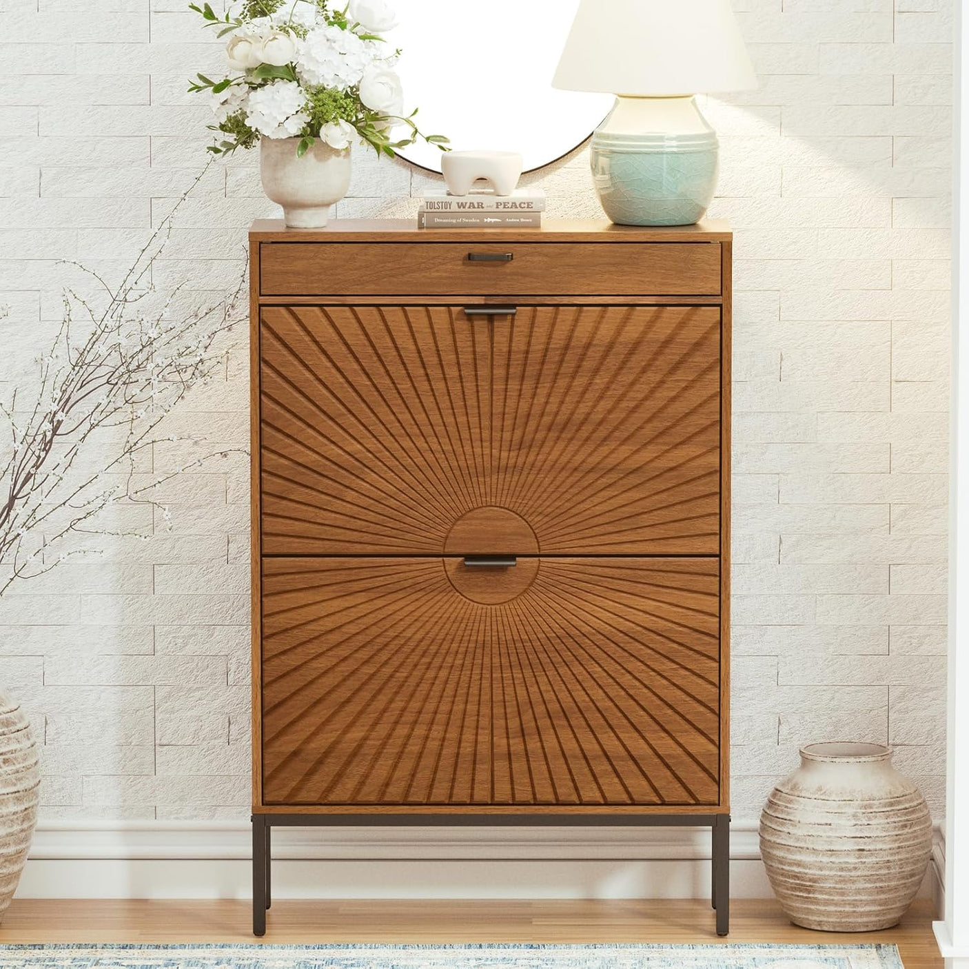 Yechen Shoe Cabinet with Flip Doors, 2 Flip Drawers + Top Drawer, Slim Entryway Organizer for Hallway & Living Room, Walnut