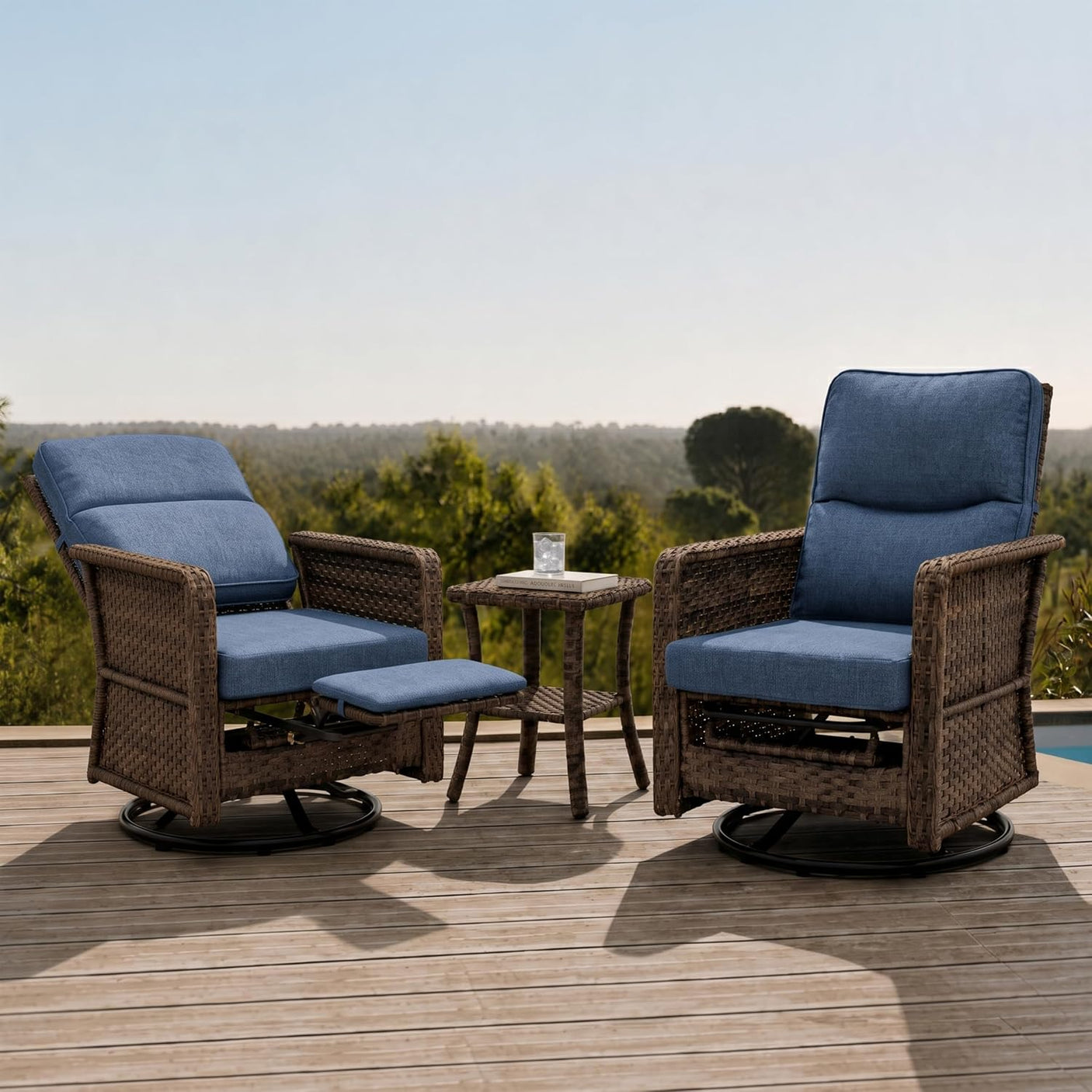Outdoor Swivel Chair Set | PE Wicker Patio Conversation Set with Cushions | Blue