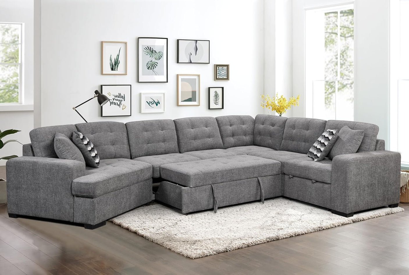 149'' Oversized Large Sectional Sleeper Sofa with Pull Out Bed & Cuddler | 7-Seater L-Shaped Sectional Couch with Chaise Lounge