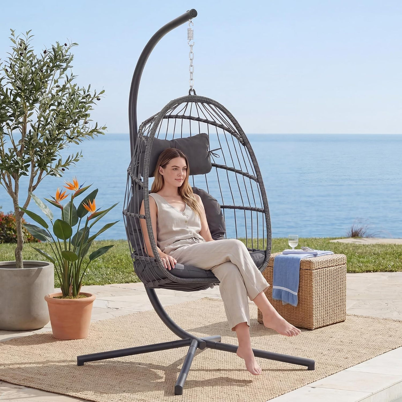 Egg Hanging Chair with Stand & Cushion | Patio & Bedroom, Charcoal Grey
