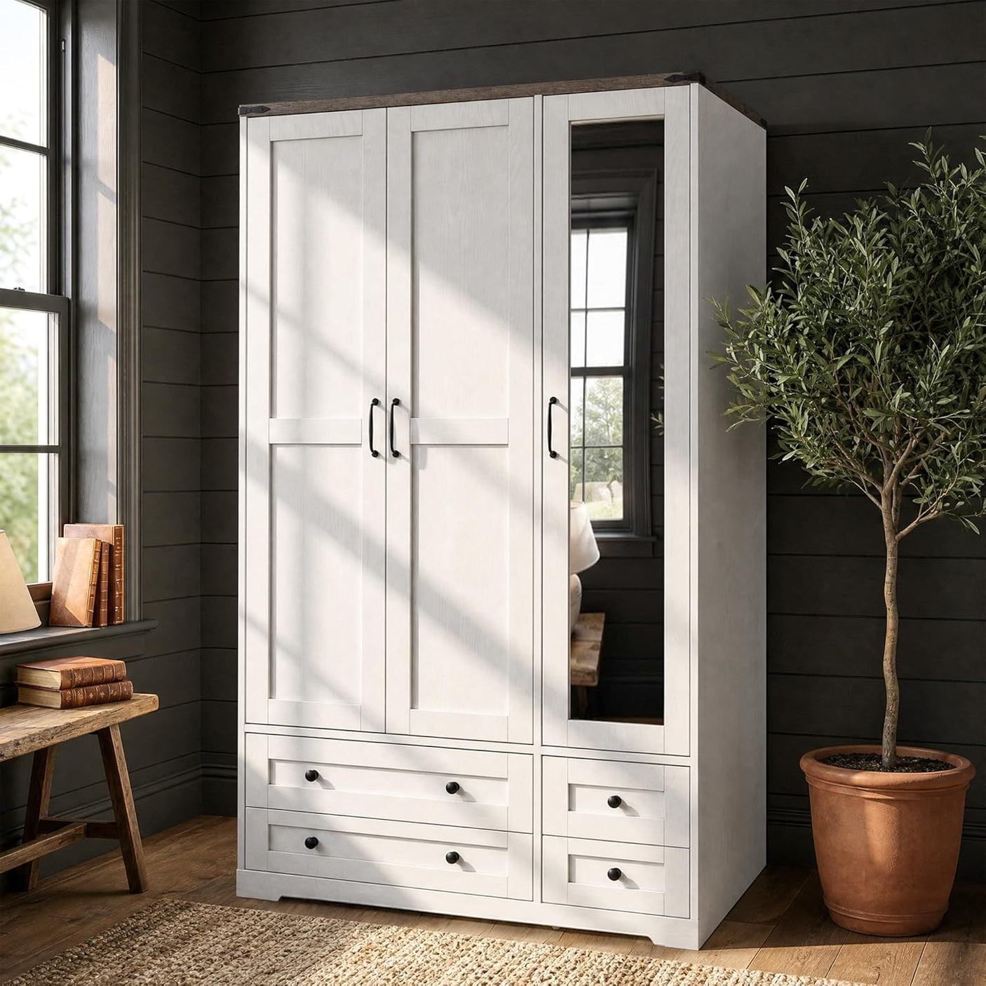Yechen 71" 3-Door Wooden Armoire Wardrobe Closet with Mirror, 4 Drawers & Adjustable Shelves | White Farmhouse Bedroom Cabinet