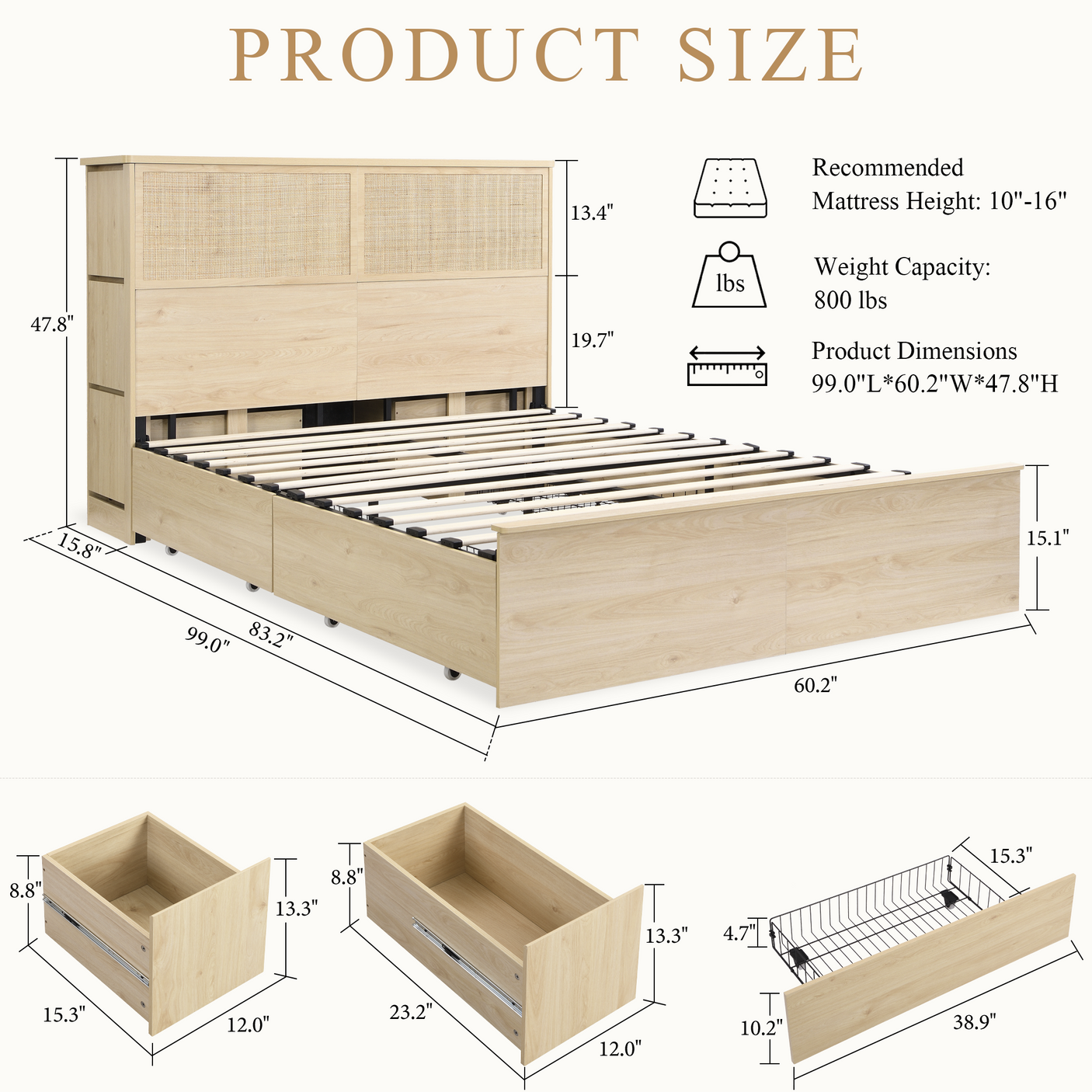 Boho Rattan Queen Bed Frame with Charging Station & 10 Storage Drawers