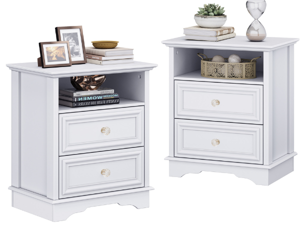 Farmhouse Mid Century Modern Nightstand, 2-Drawer 25" Tall Wood