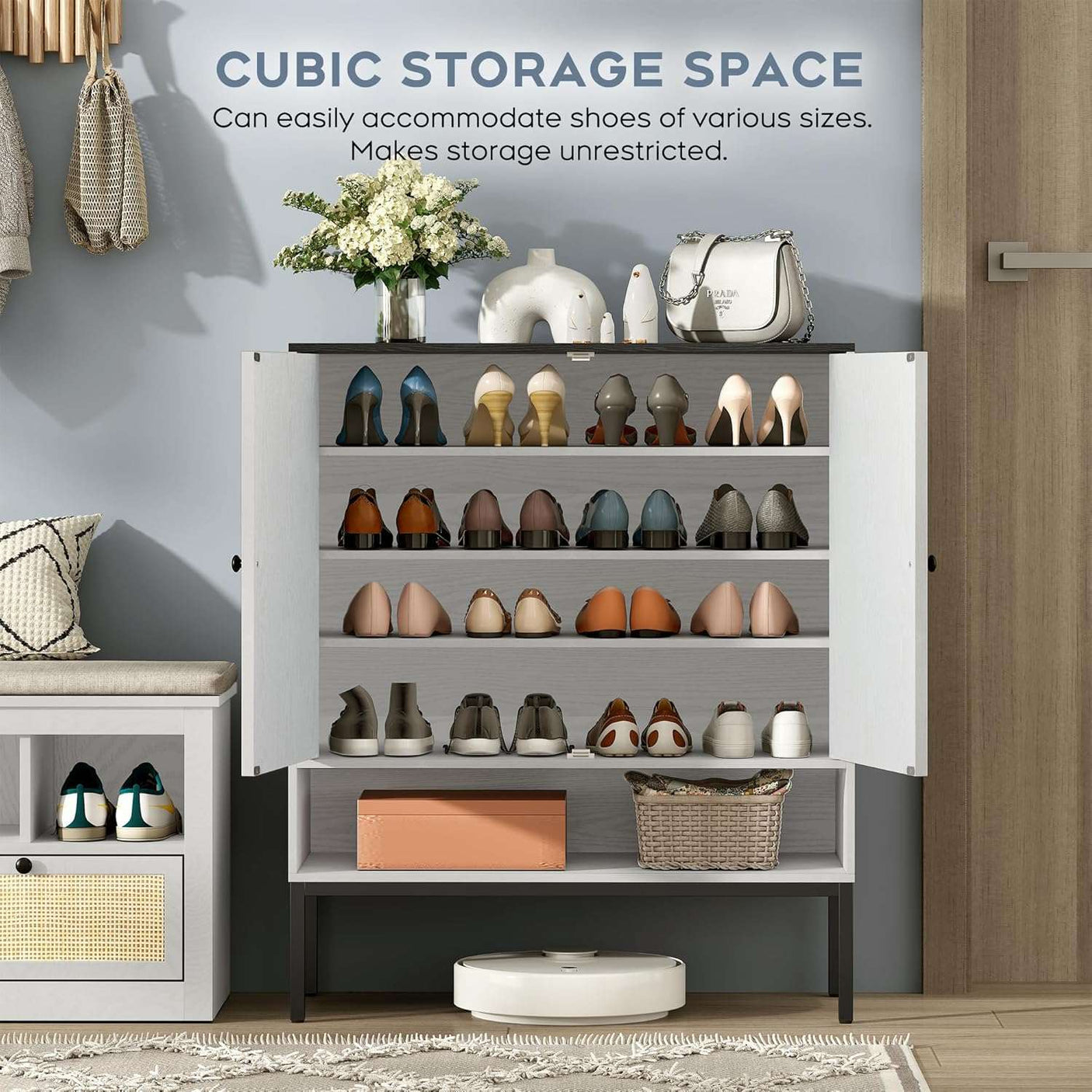 5-Tier Natural Rattan Entryway Shoe Storage Cabinet with Doors