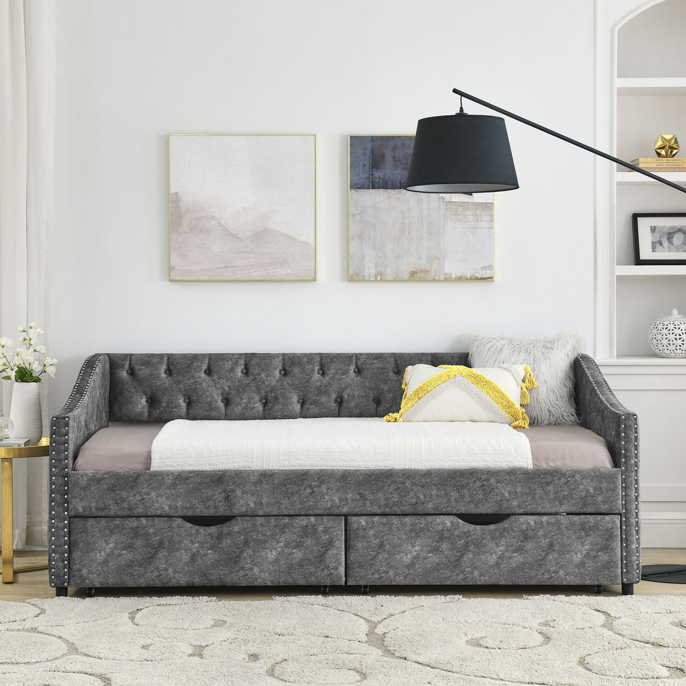 Modern Linen Upholstered Daybed with Double Drawers