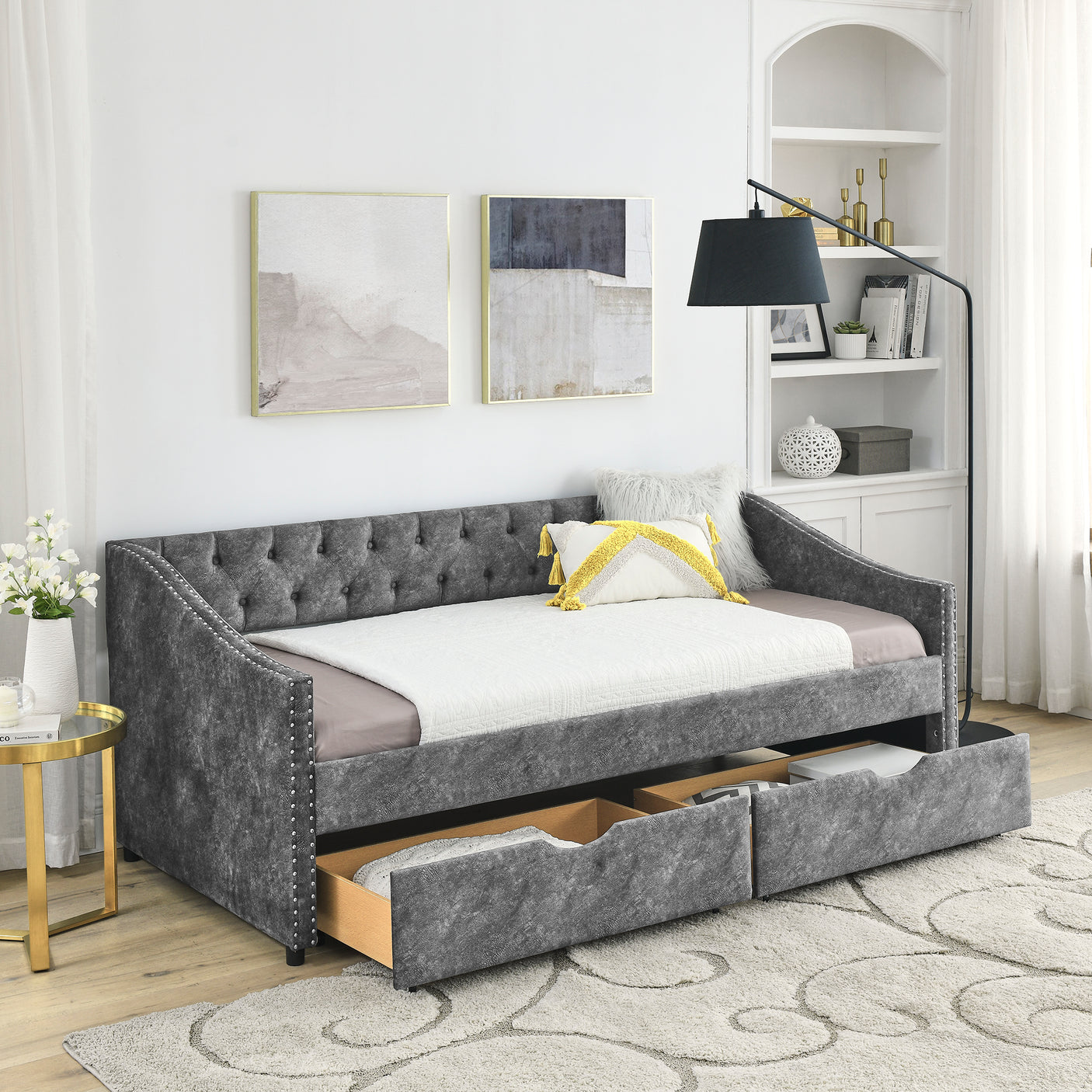 Modern Linen Upholstered Daybed with Double Drawers