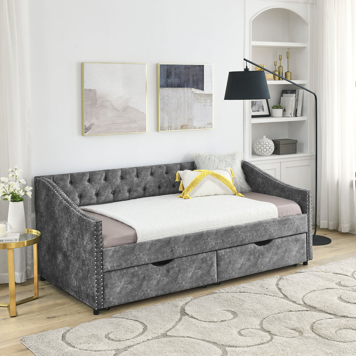 Modern Linen Upholstered Daybed with Double Drawers