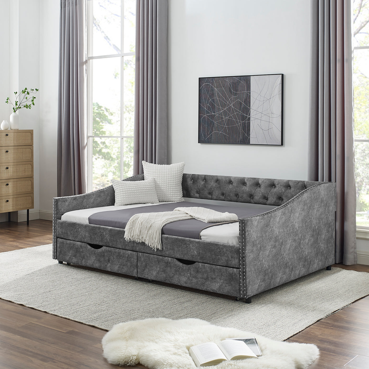 Modern Linen Upholstered Daybed with Double Drawers