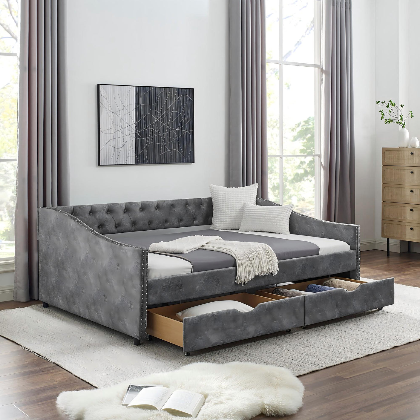Modern Linen Upholstered Daybed with Double Drawers