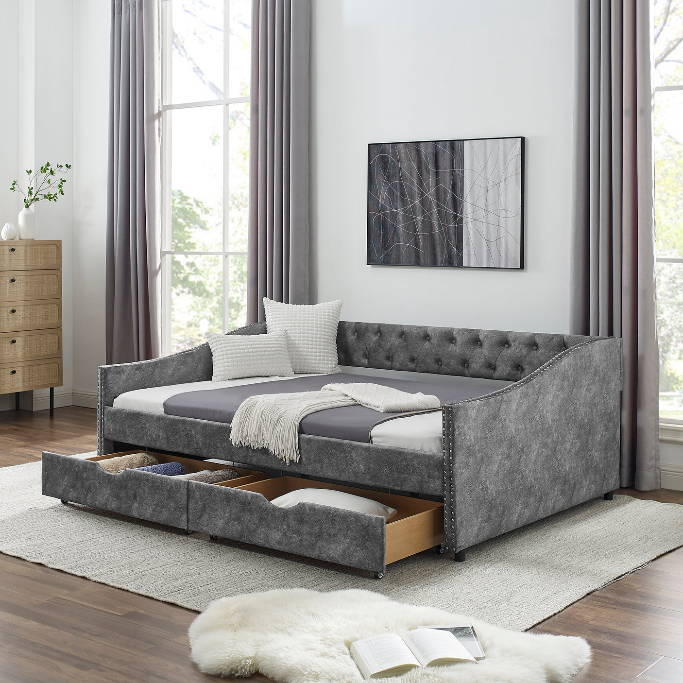 Modern Linen Upholstered Daybed with Double Drawers