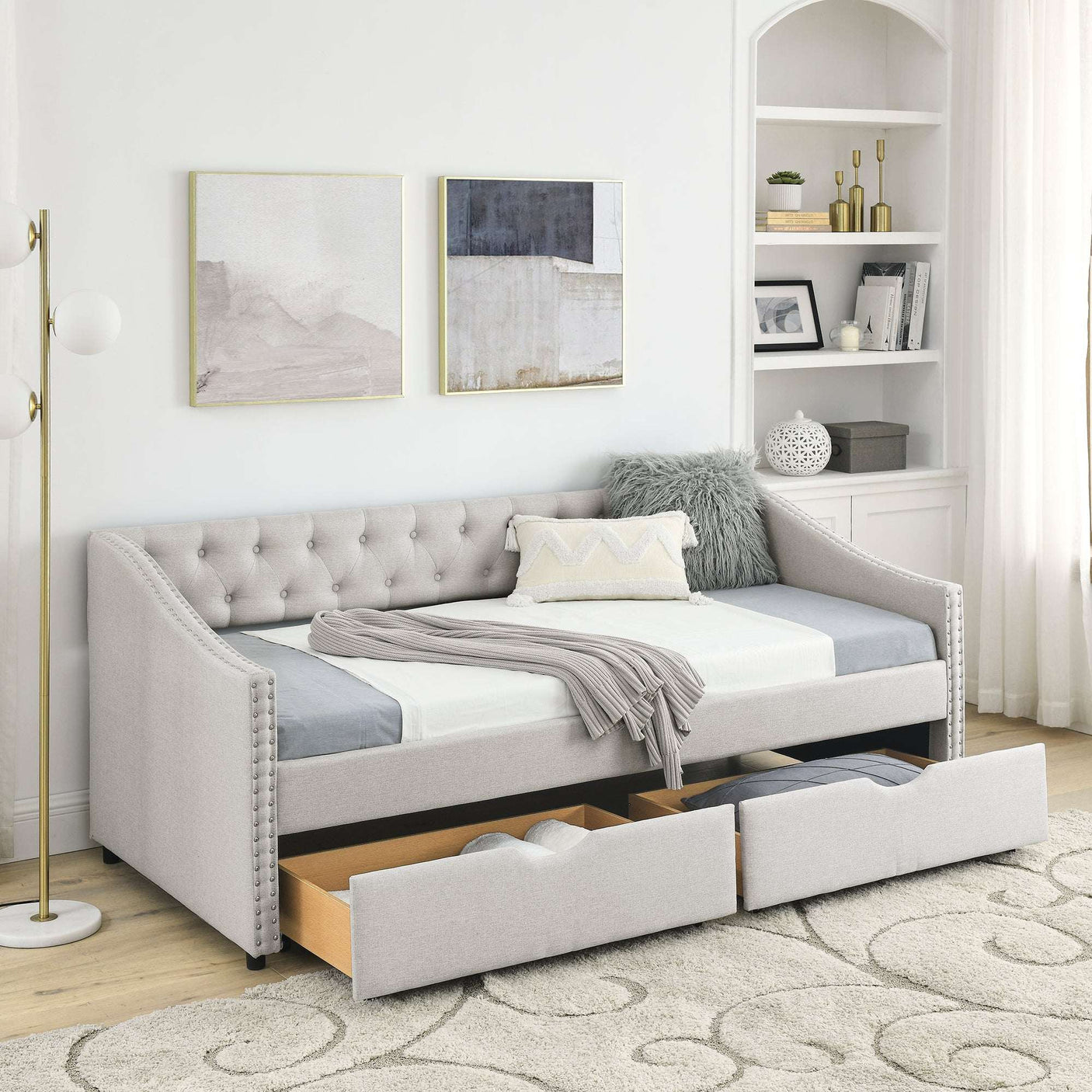 Modern Linen Upholstered Daybed with Double Drawers