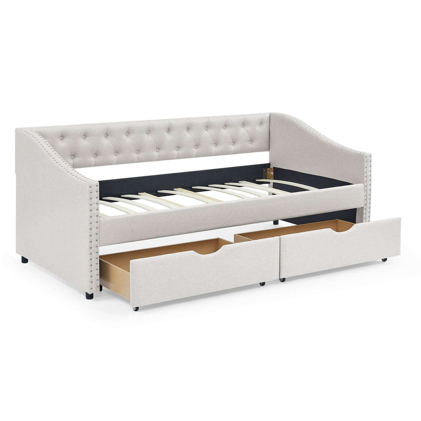 Modern Linen Upholstered Daybed with Double Drawers