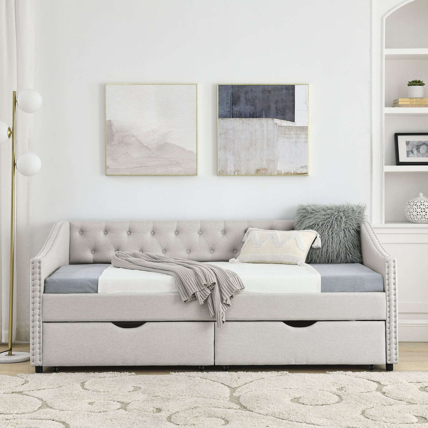 Modern Linen Upholstered Daybed with Double Drawers