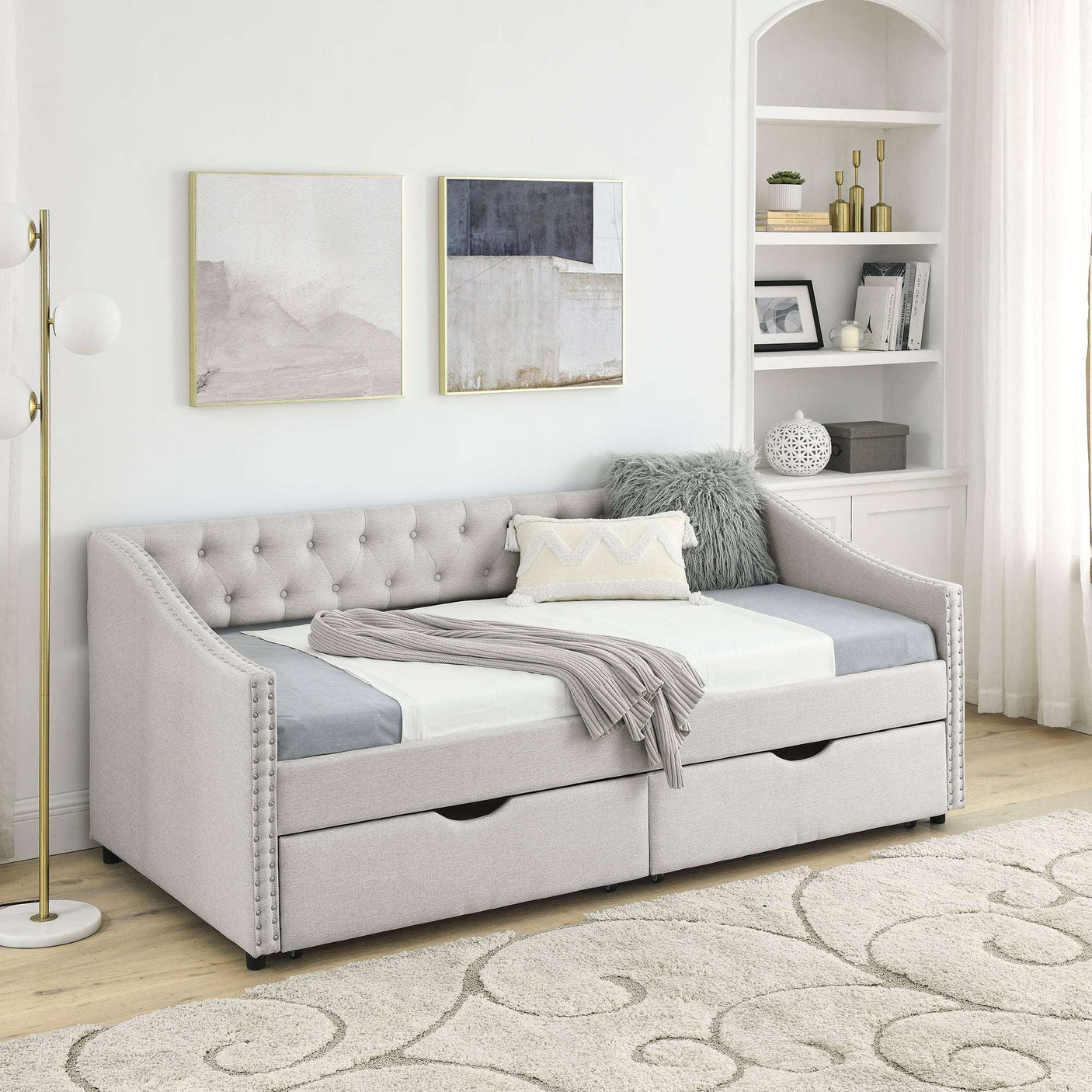 Modern Linen Upholstered Daybed with Double Drawers