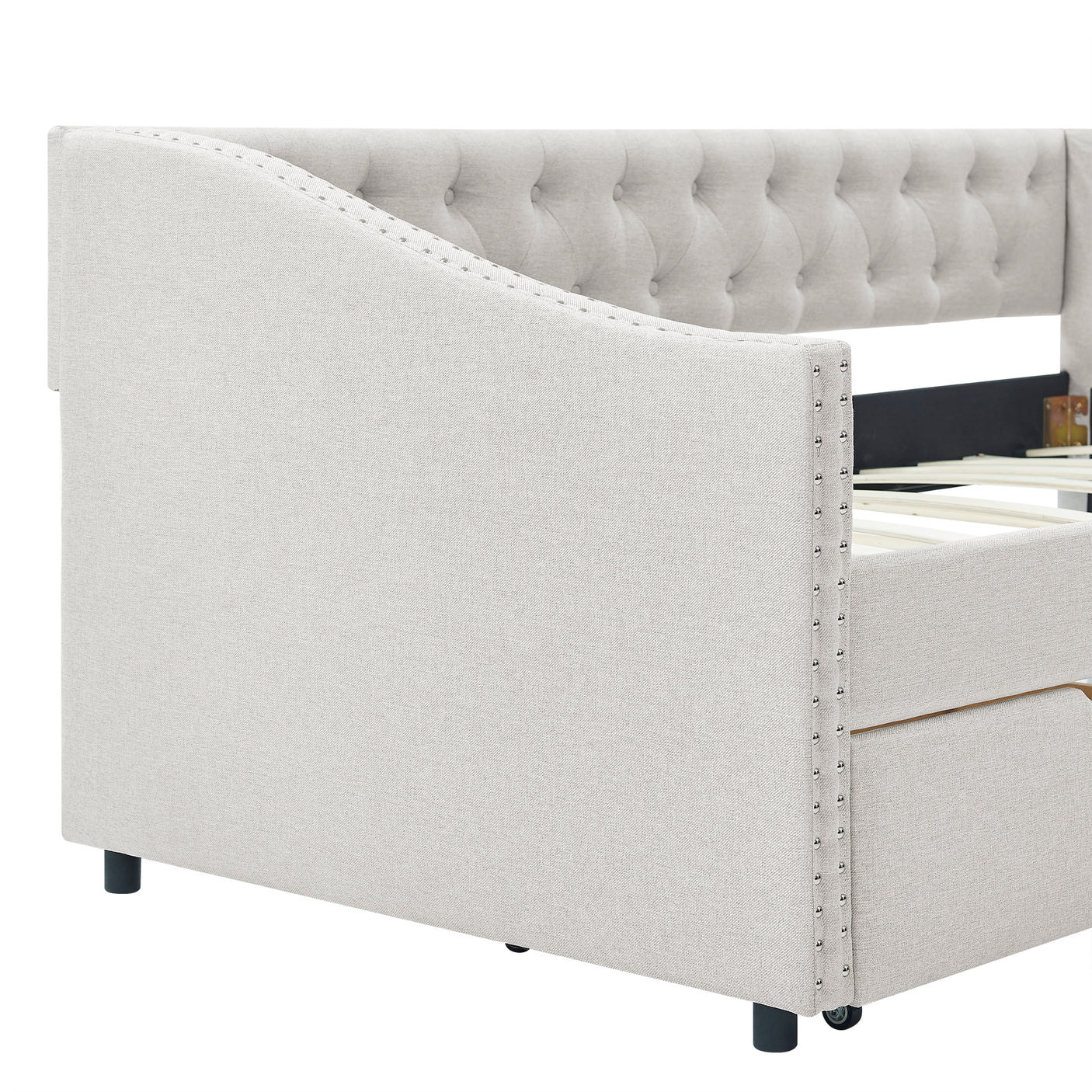 Modern Linen Upholstered Daybed with Double Drawers