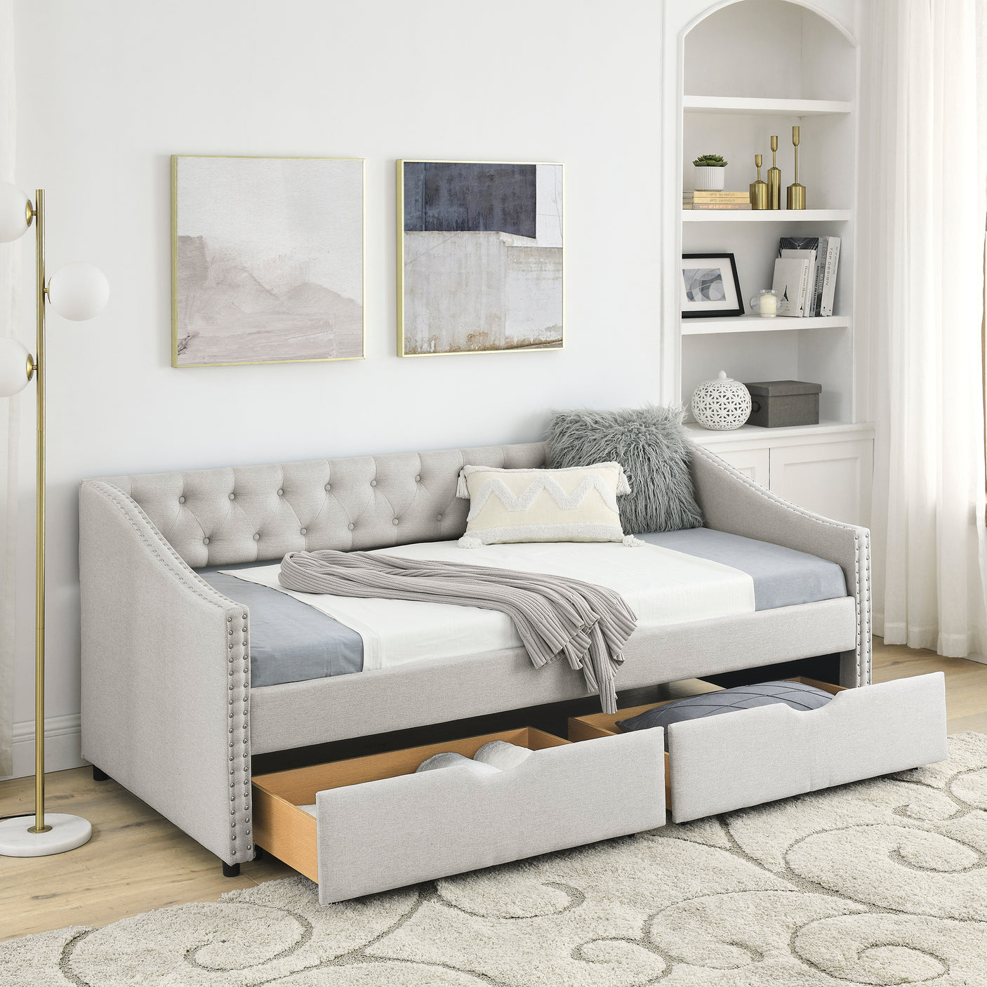 Modern Linen Upholstered Daybed with Double Drawers