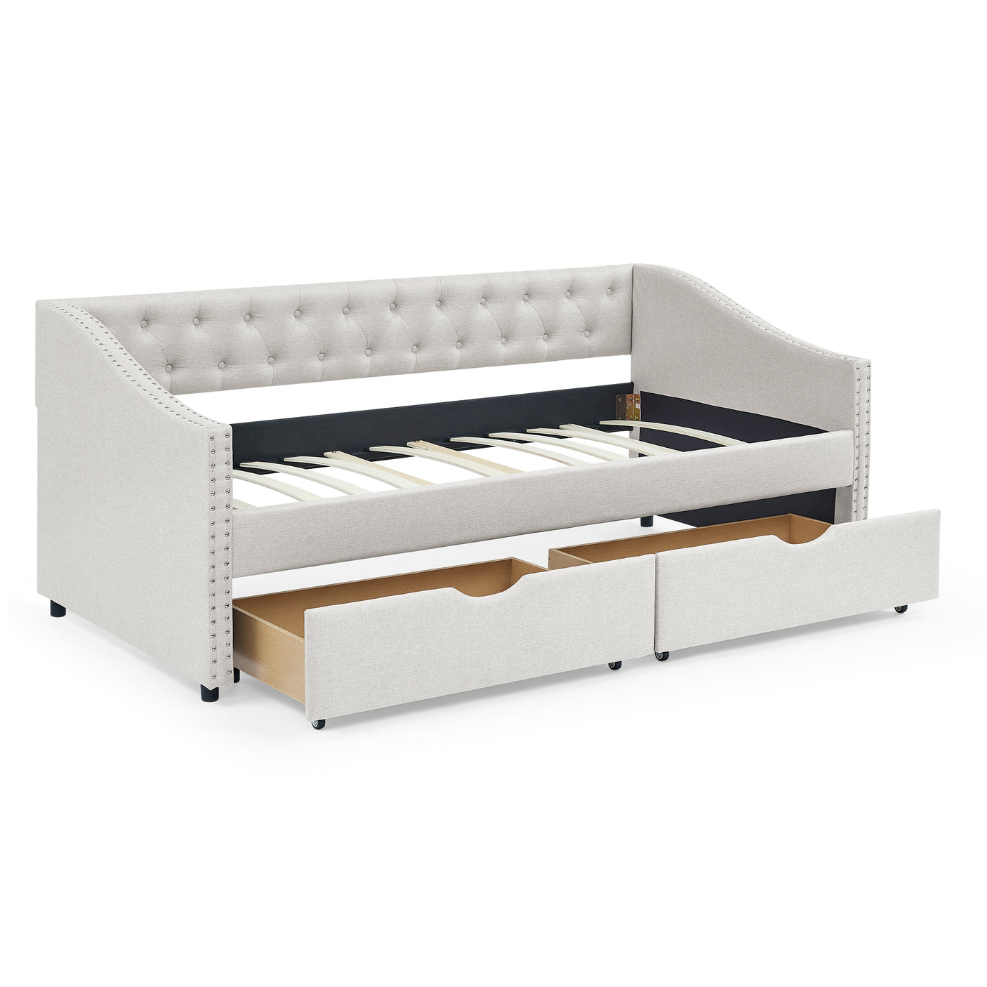 Modern Linen Upholstered Daybed with Double Drawers