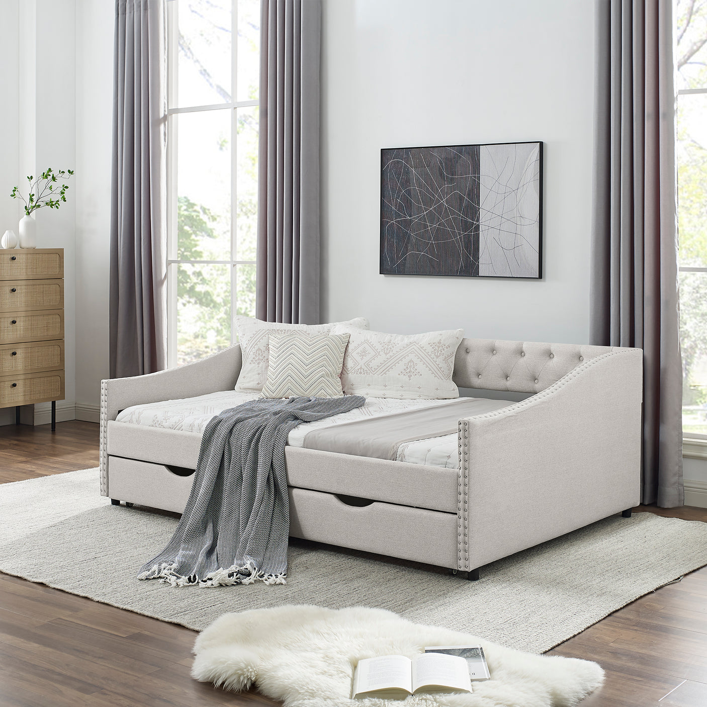 Modern Linen Upholstered Daybed with Double Drawers