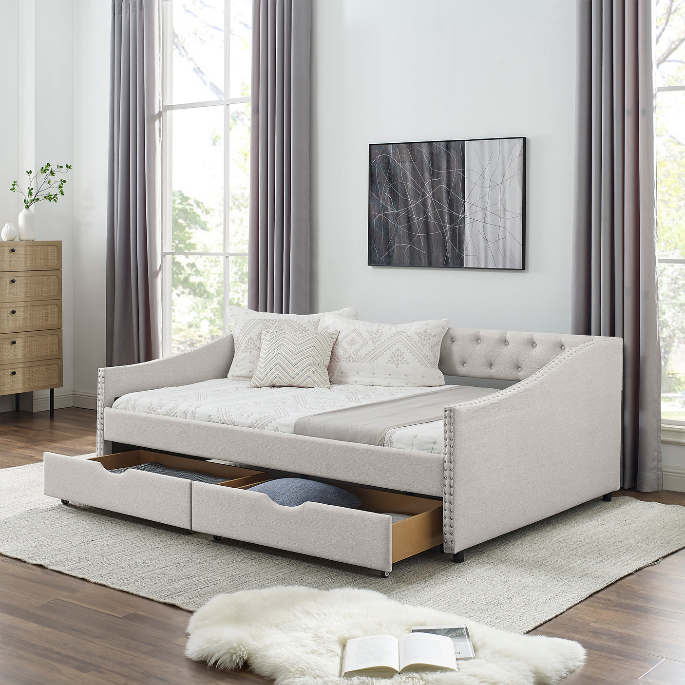 Modern Linen Upholstered Daybed with Double Drawers