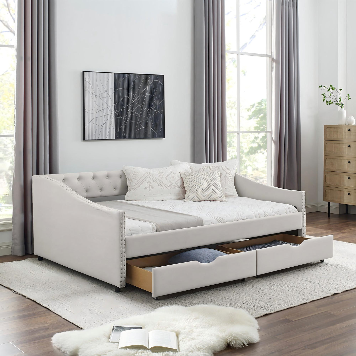 Modern Linen Upholstered Daybed with Double Drawers