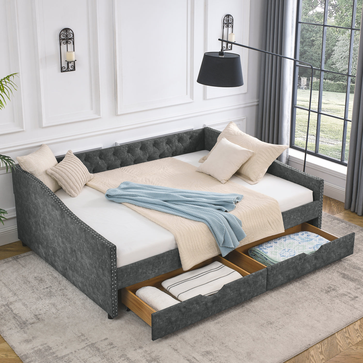 Modern Linen Upholstered Daybed with Double Drawers