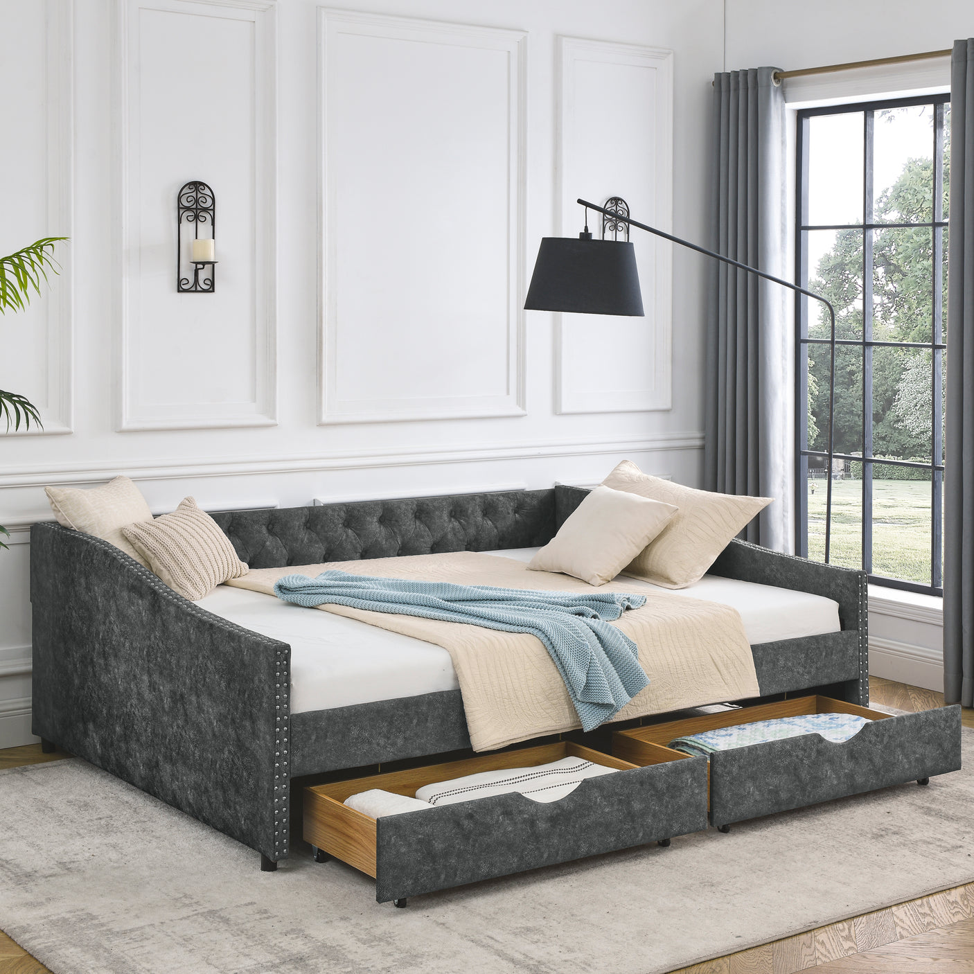 Modern Linen Upholstered Daybed with Double Drawers