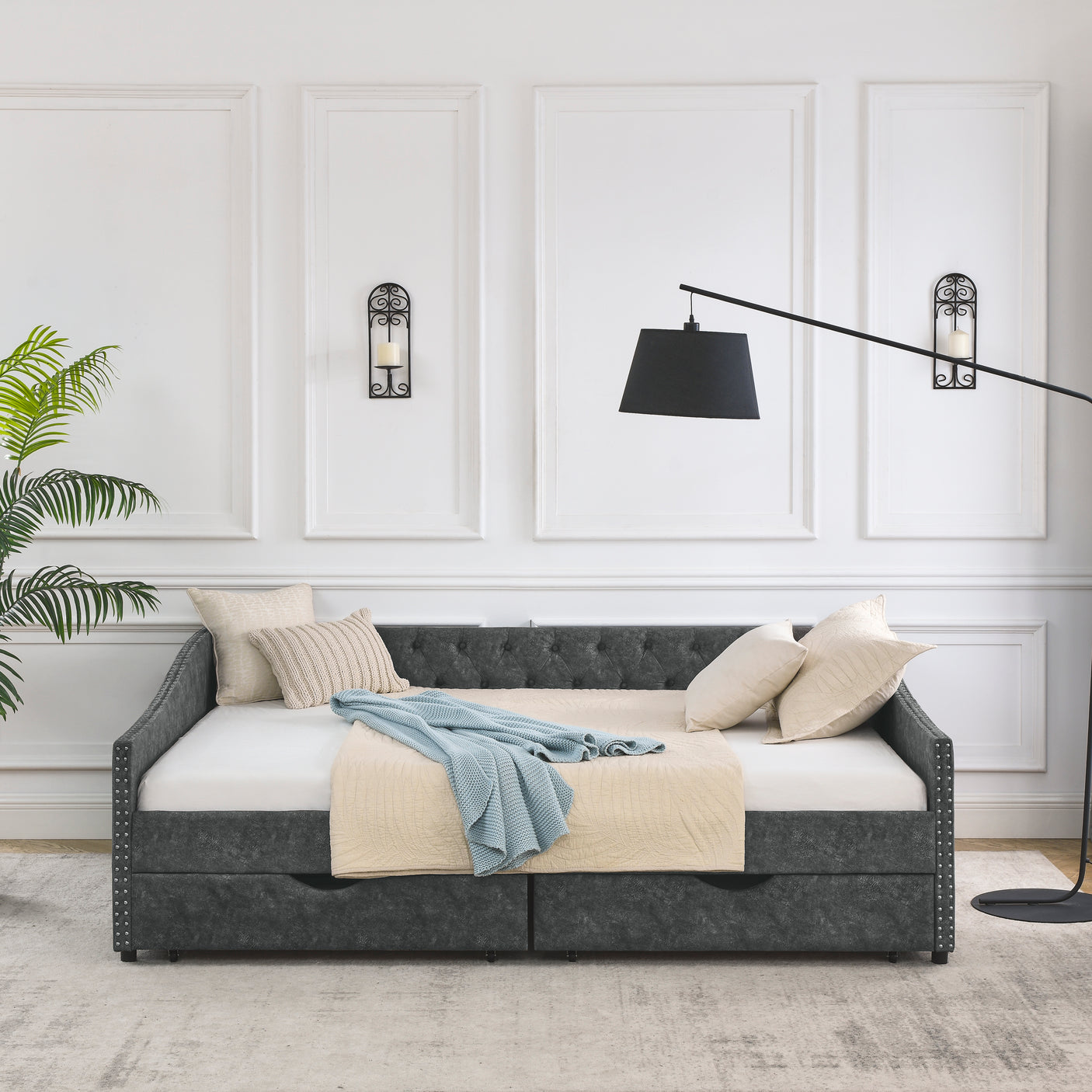 Modern Linen Upholstered Daybed with Double Drawers