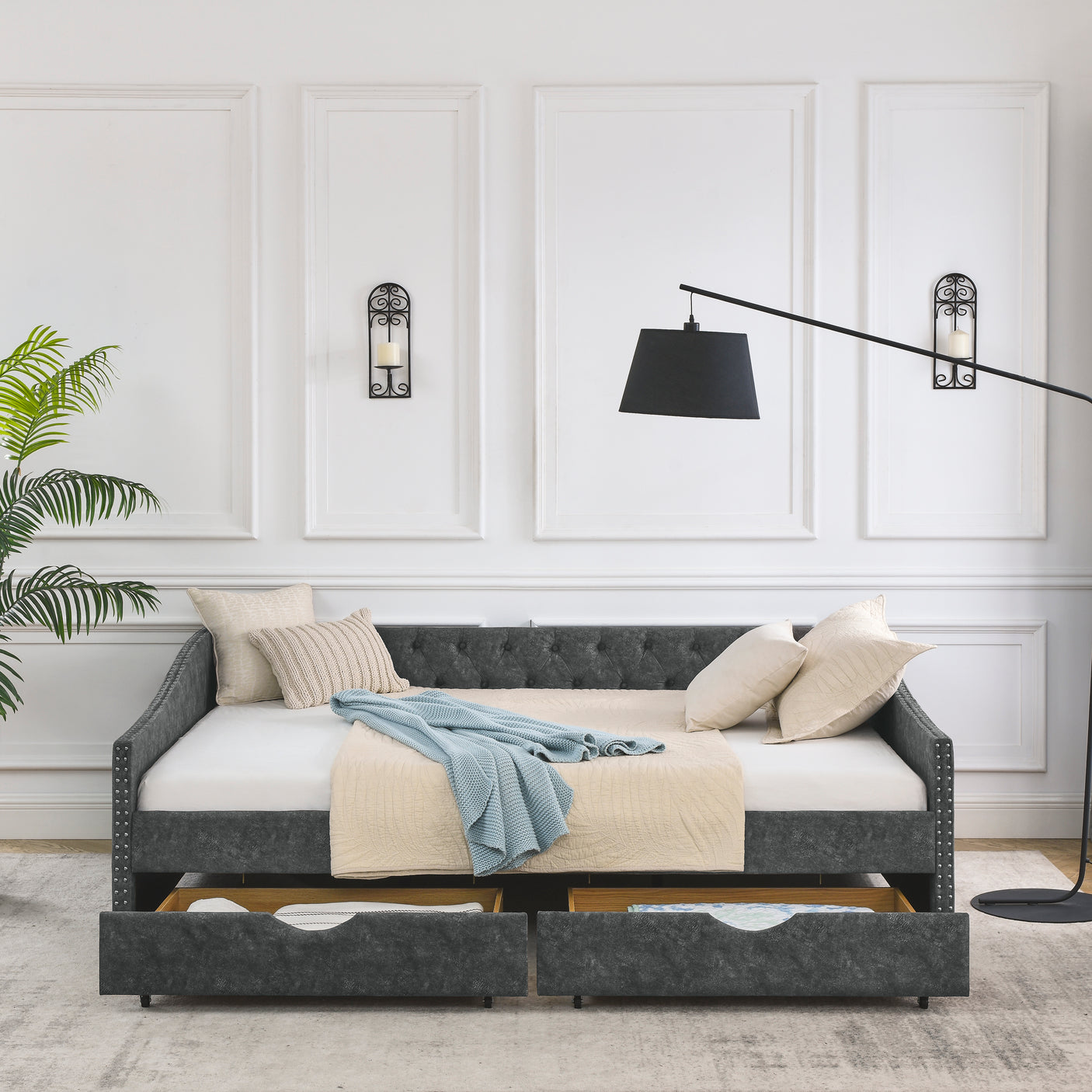 Modern Linen Upholstered Daybed with Double Drawers
