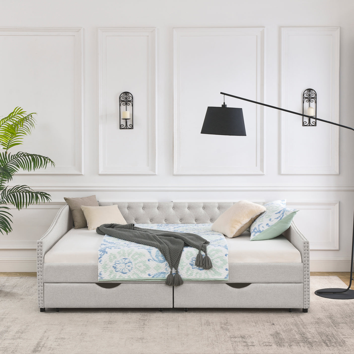 Modern Linen Upholstered Daybed with Double Drawers