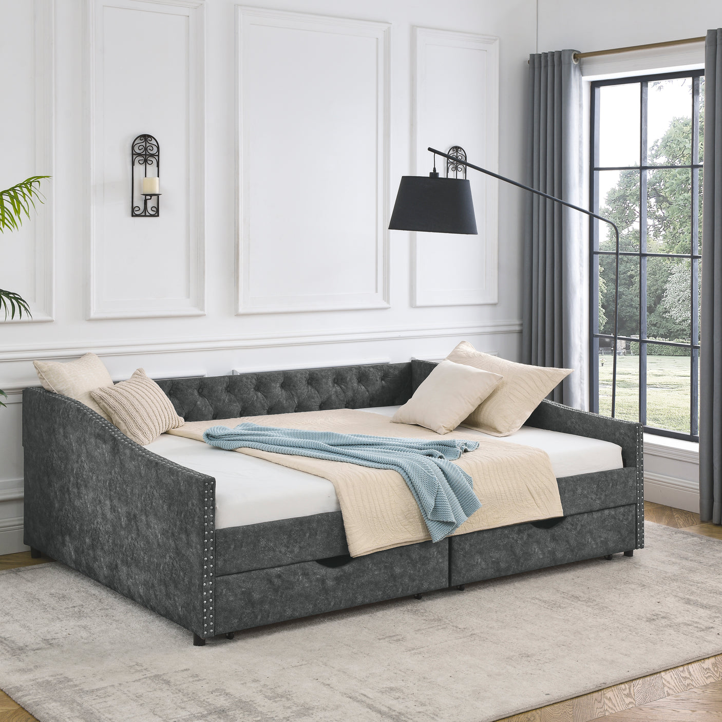 Modern Linen Upholstered Daybed with Double Drawers