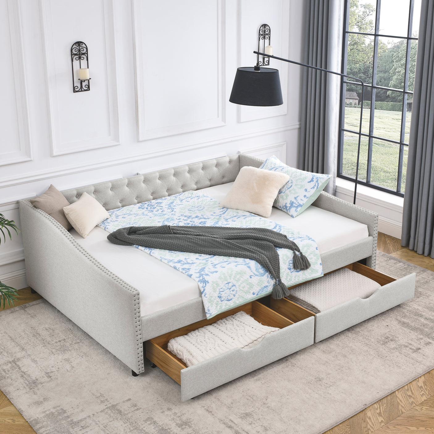 Modern Linen Upholstered Daybed with Double Drawers