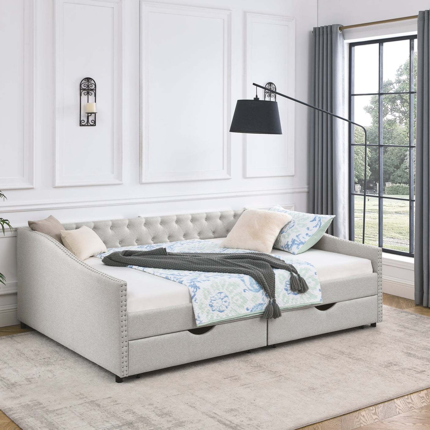 Modern Linen Upholstered Daybed with Double Drawers