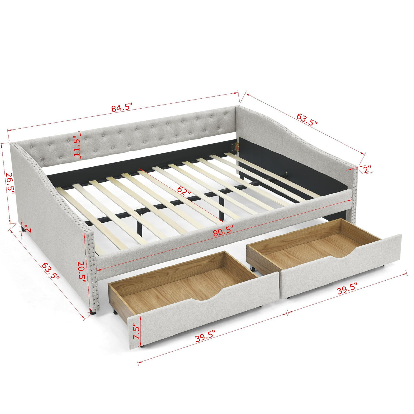 Modern Linen Upholstered Daybed with Double Drawers