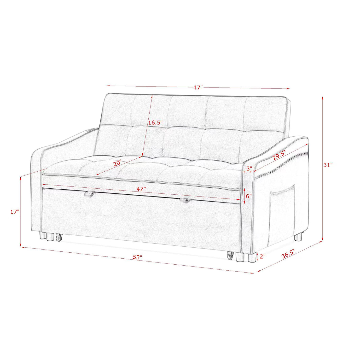 69'' 3-in-1 Folding Convertible Loveseats Sofa Bed