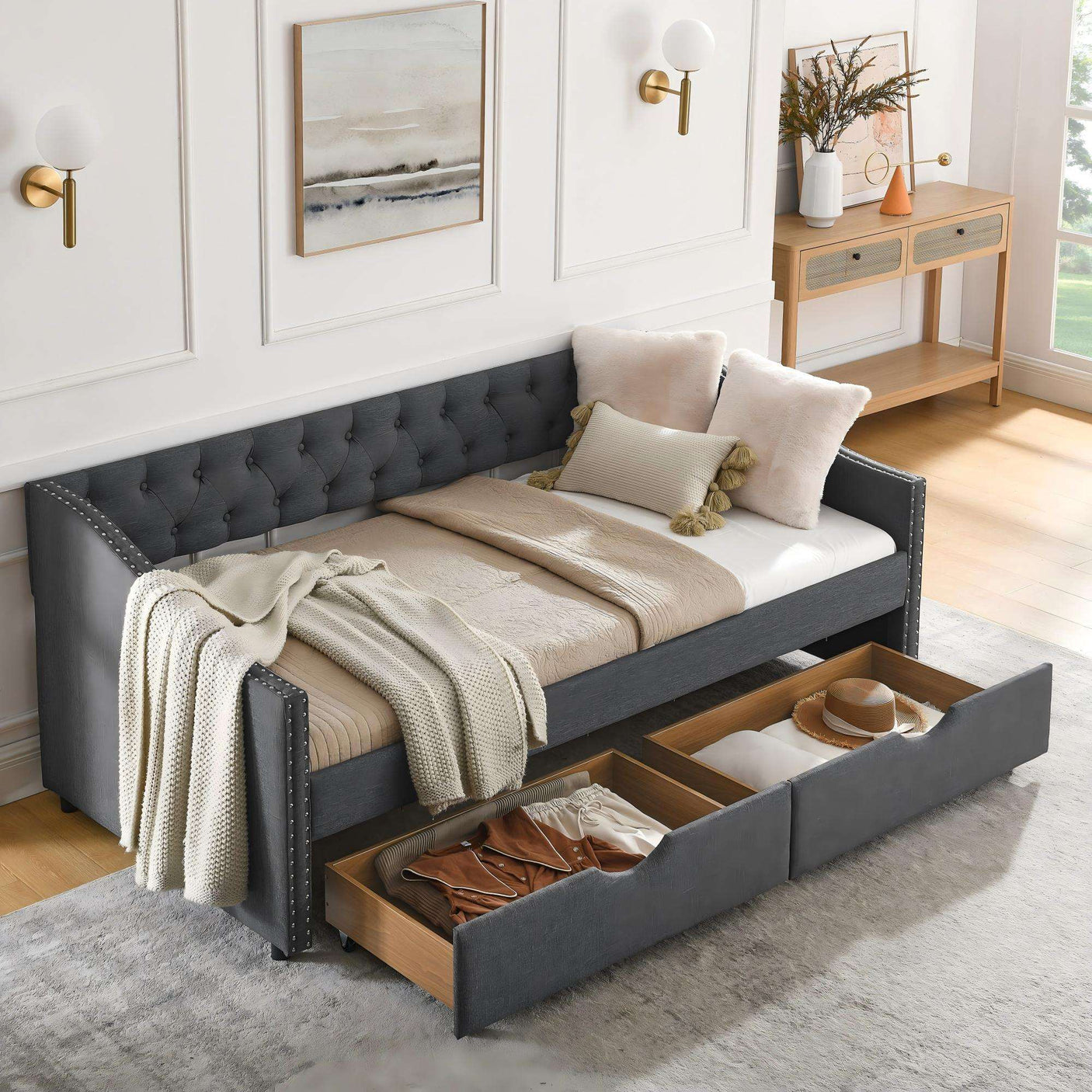 Modern Linen Upholstered Daybed with Double Drawers