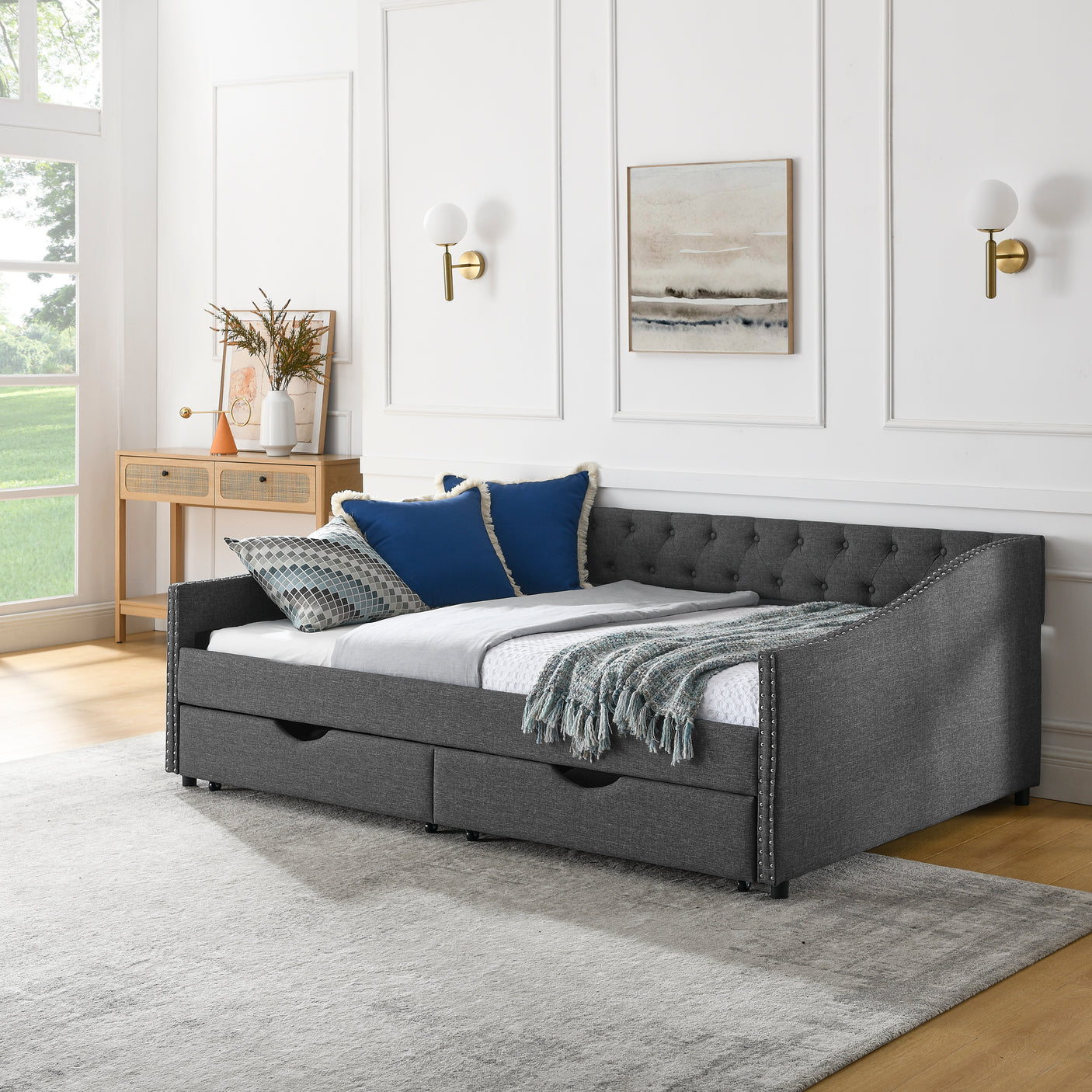 Modern Linen Upholstered Daybed with Double Drawers
