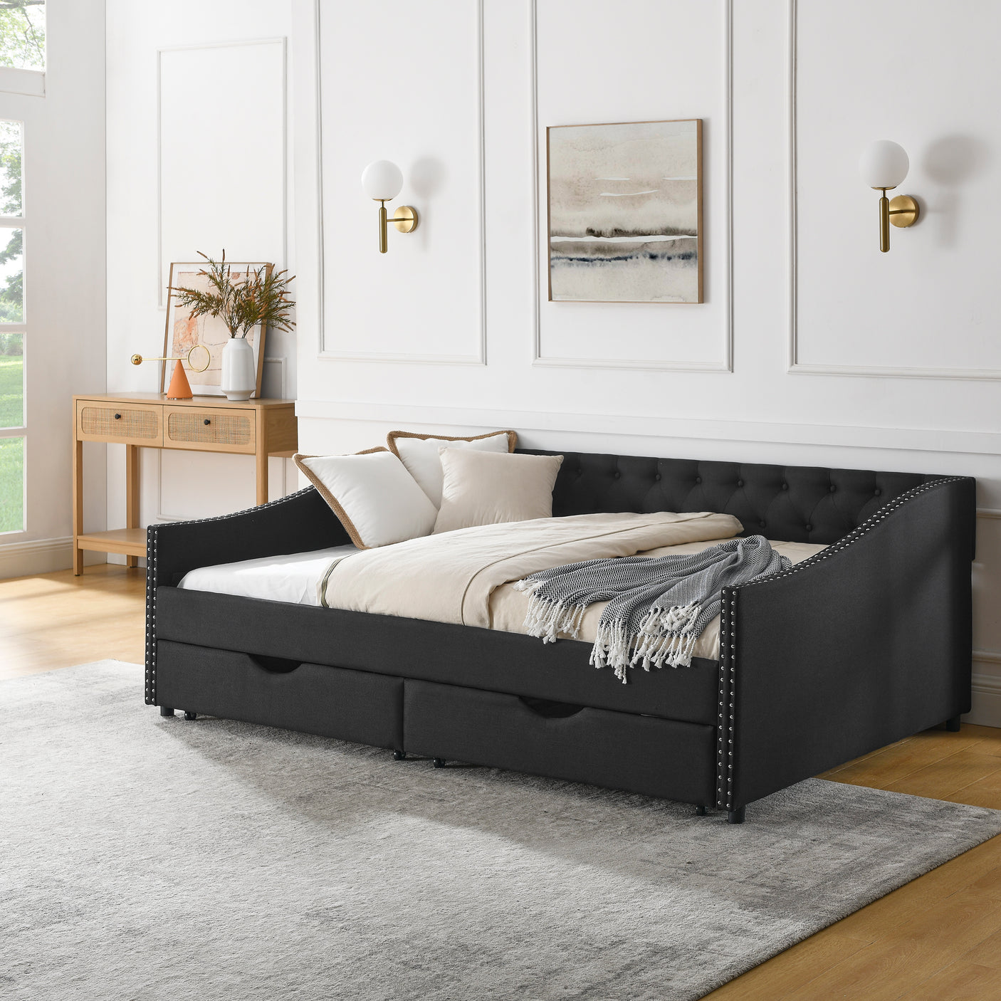 Modern Linen Upholstered Daybed with Double Drawers