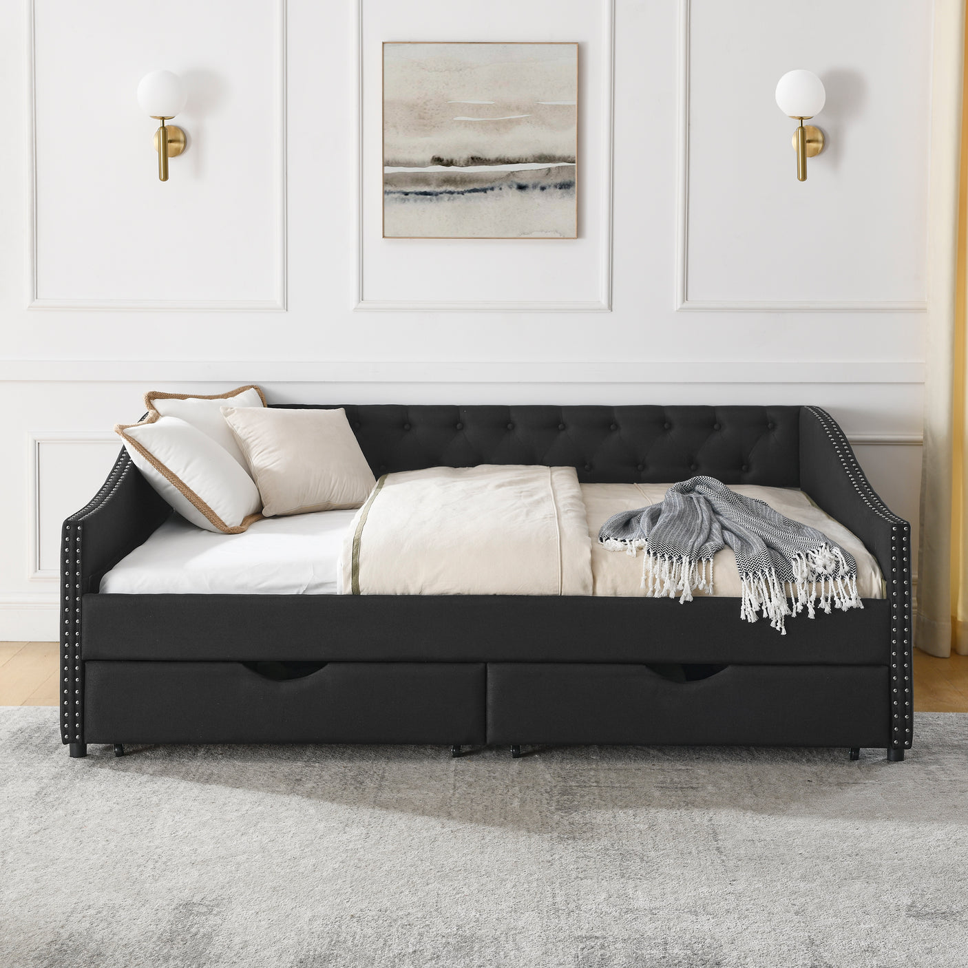 Modern Linen Upholstered Daybed with Double Drawers