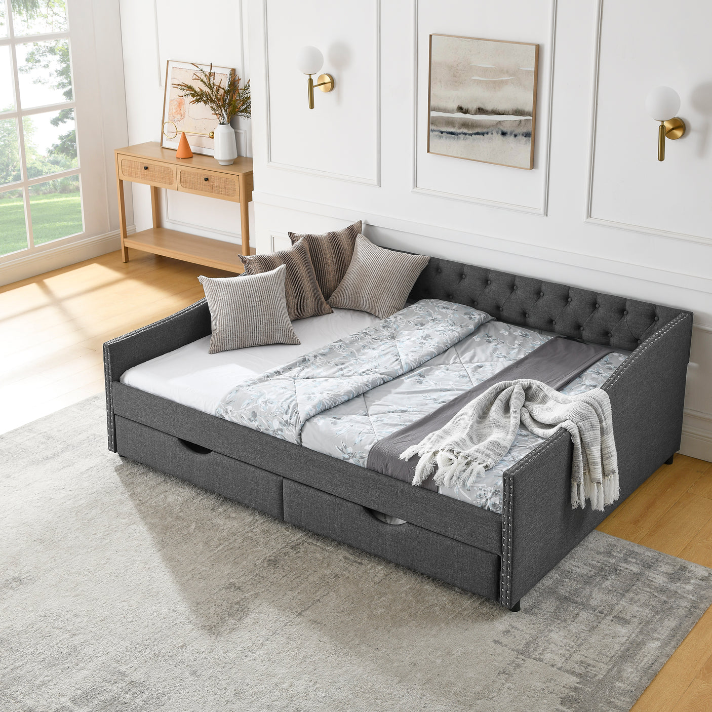 Modern Linen Upholstered Daybed with Double Drawers