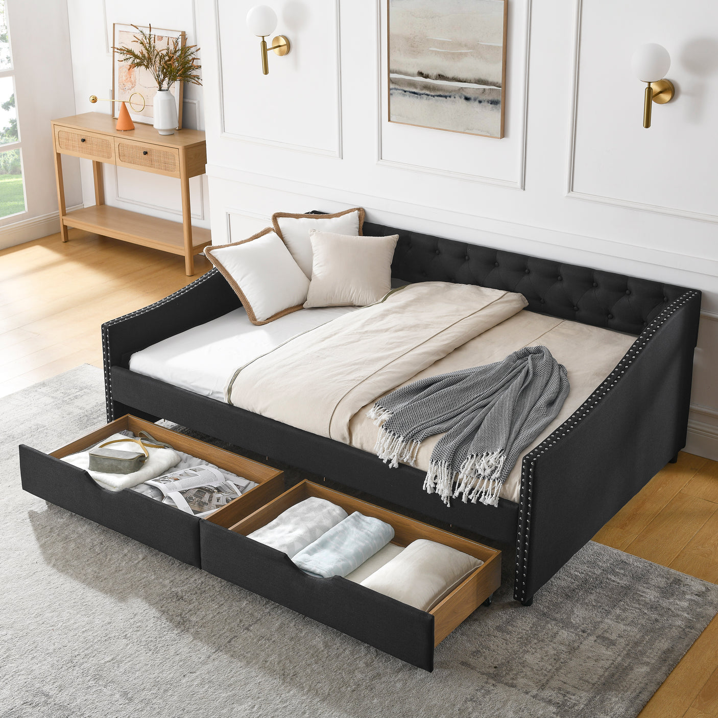Modern Linen Upholstered Daybed with Double Drawers