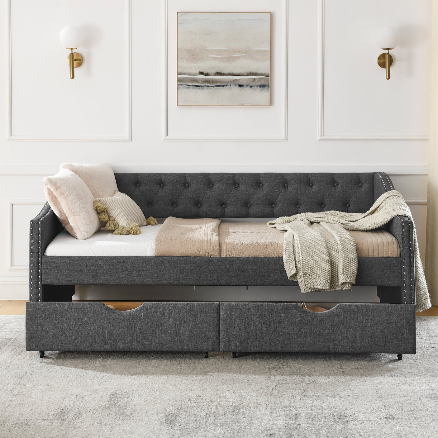 Modern Linen Upholstered Daybed with Double Drawers