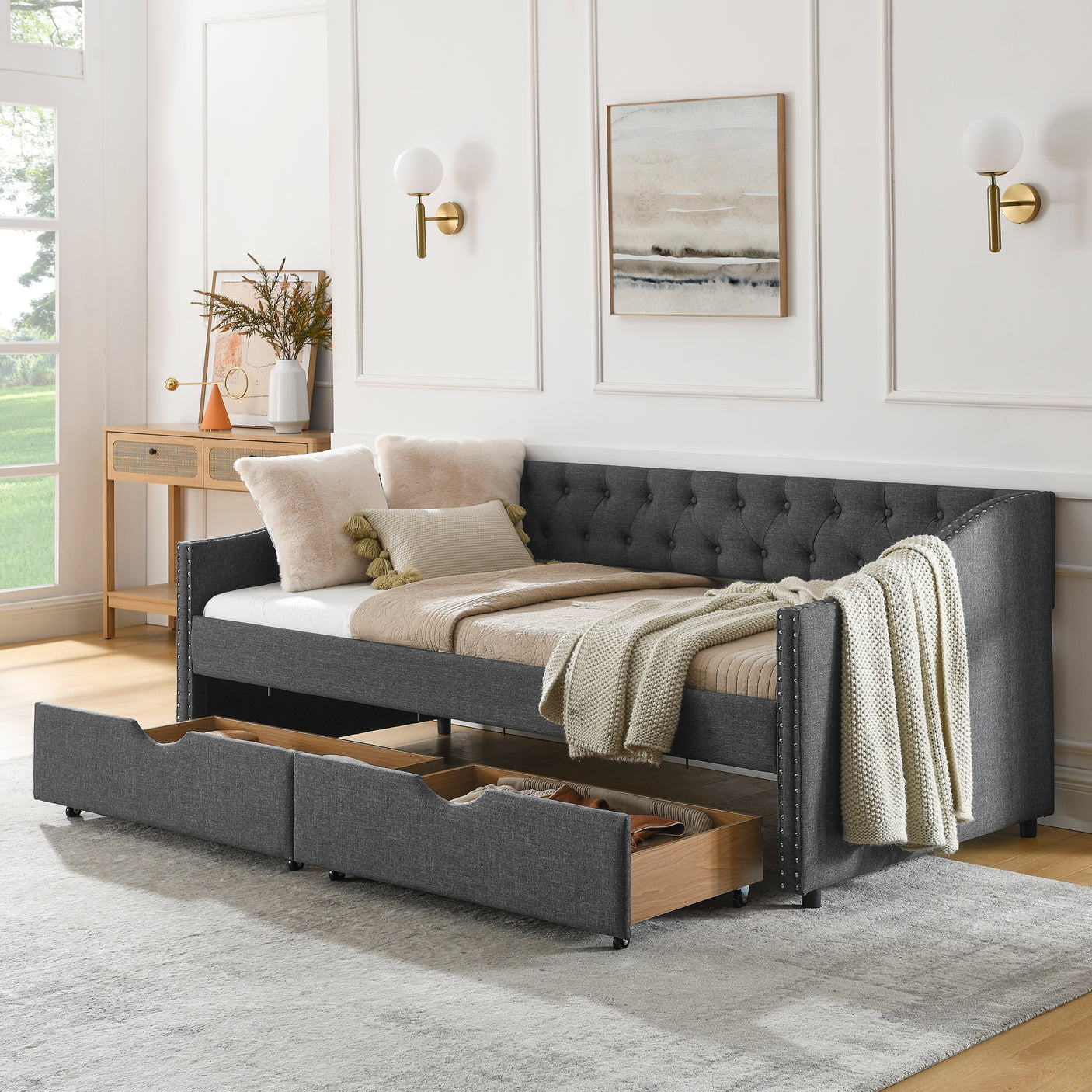 Modern Linen Upholstered Daybed with Double Drawers