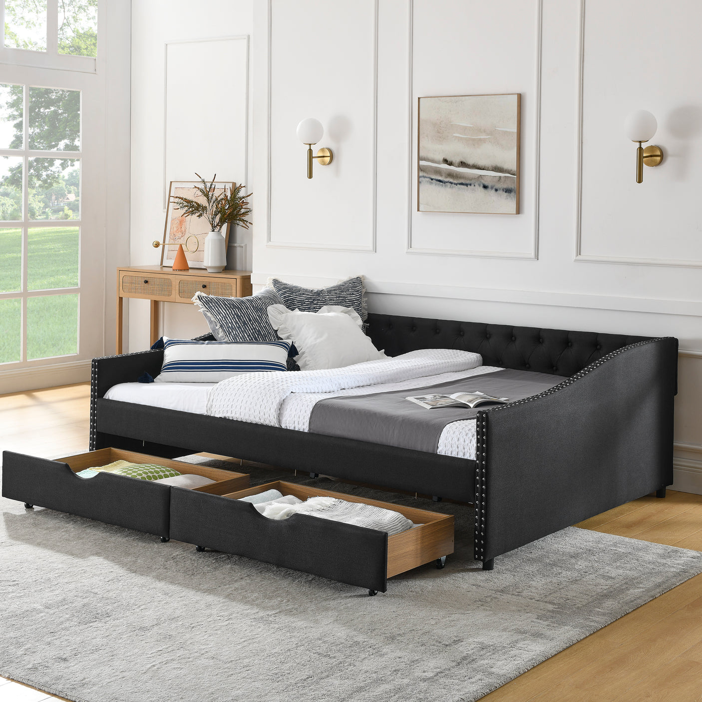 Modern Linen Upholstered Daybed with Double Drawers