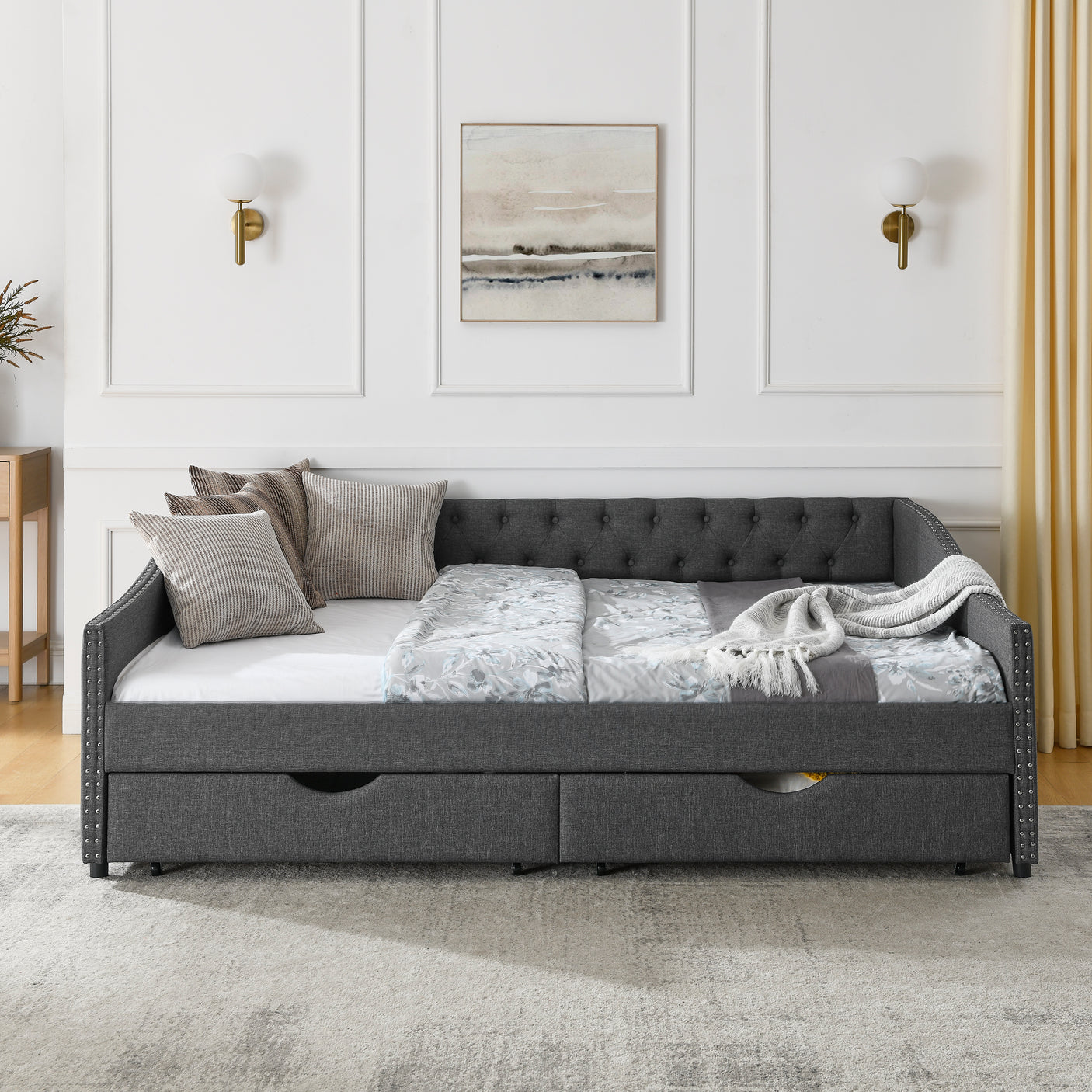Modern Linen Upholstered Daybed with Double Drawers