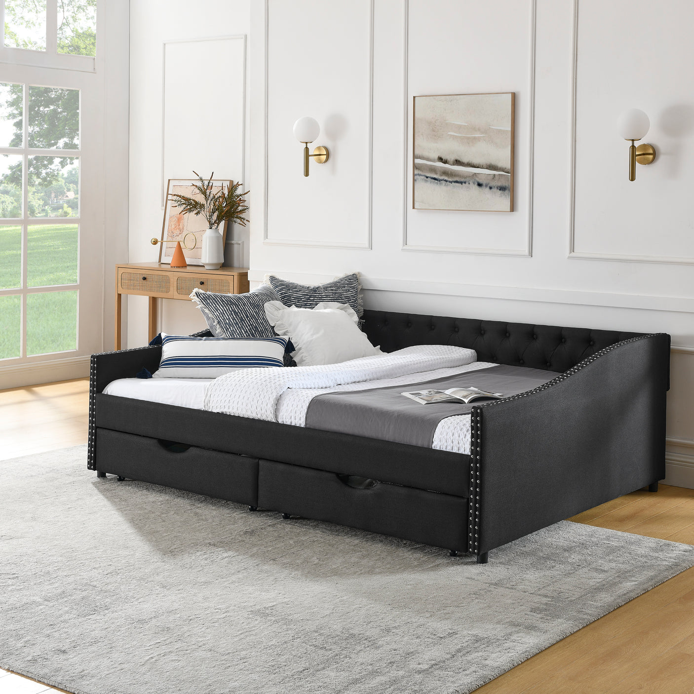 Modern Linen Upholstered Daybed with Double Drawers