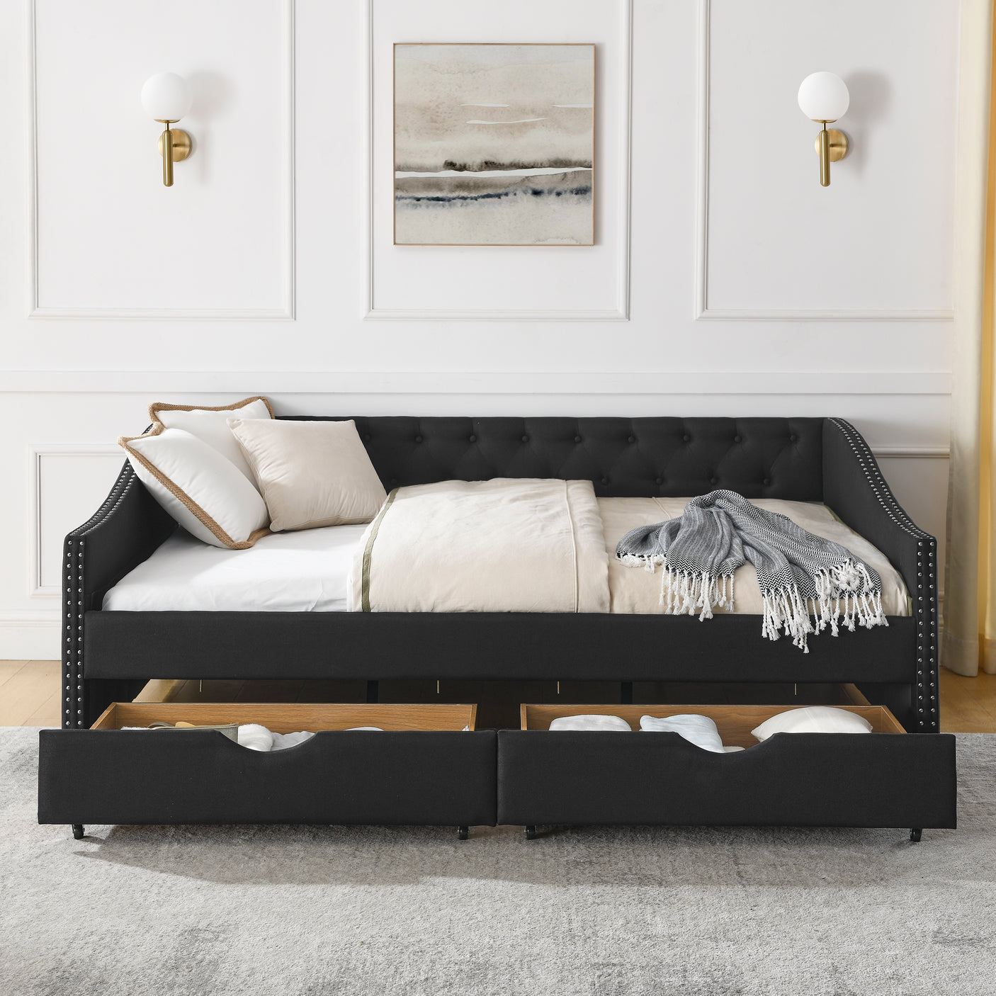 Modern Linen Upholstered Daybed with Double Drawers