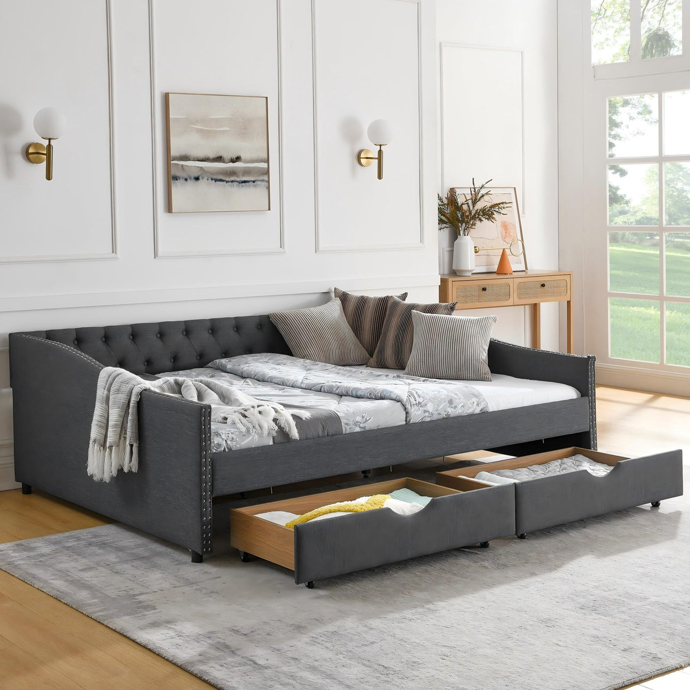 Modern Linen Upholstered Daybed with Double Drawers