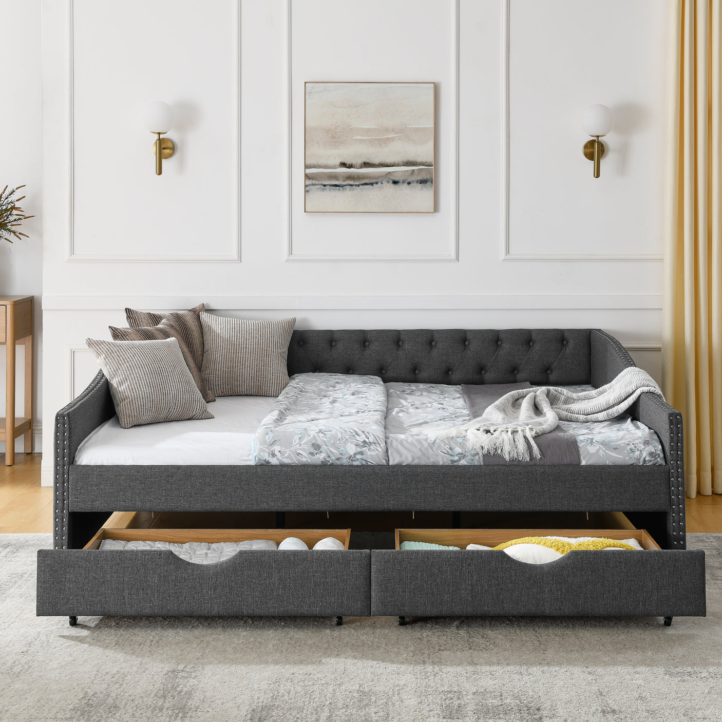 Modern Linen Upholstered Daybed with Double Drawers