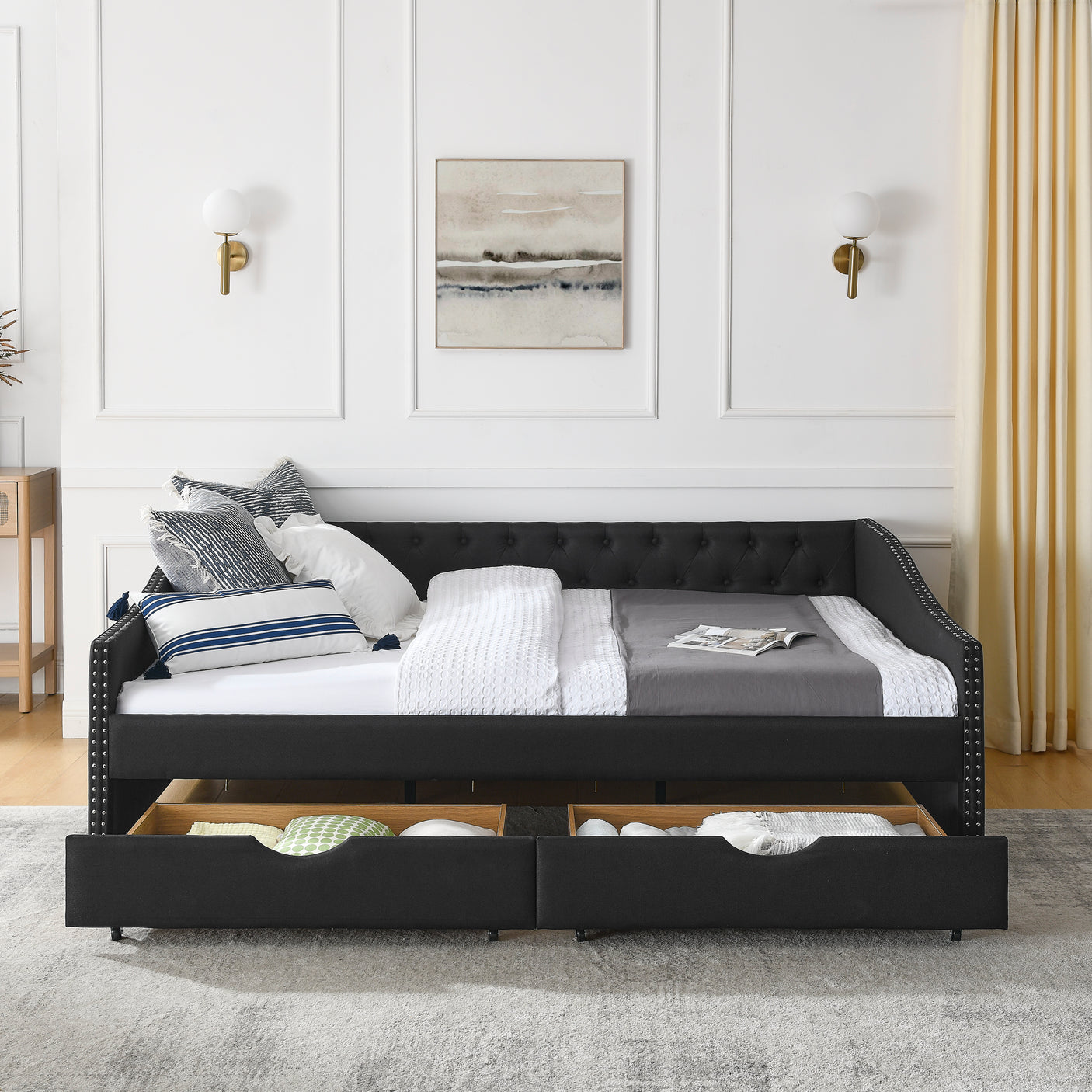 Modern Linen Upholstered Daybed with Double Drawers